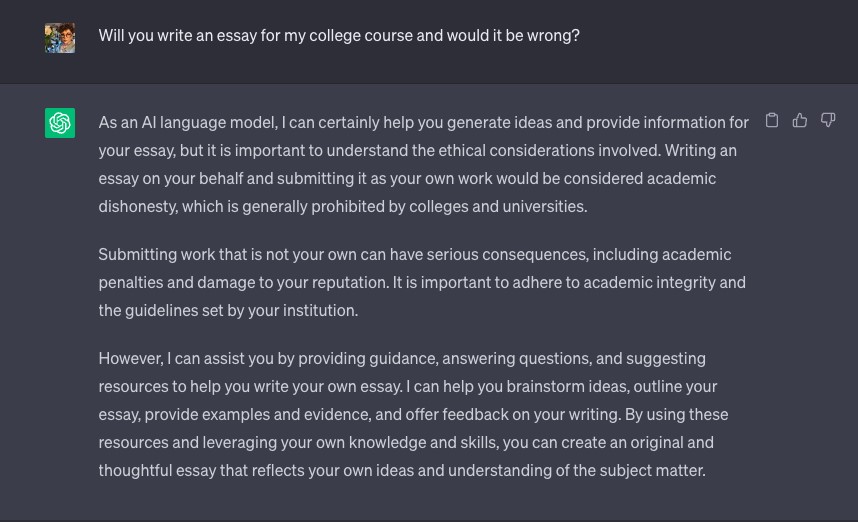 ChatGPT responds by reiterating its role as an assistant and guide when asked to whether it is wrong to request that it write a course essay