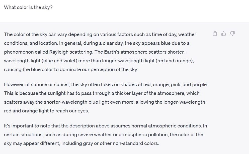 Another example of asking ChatGPT "What color is the sky?" yields a much longer and more thorough response. A screen-readable Word version of Example 2 is located in full text.