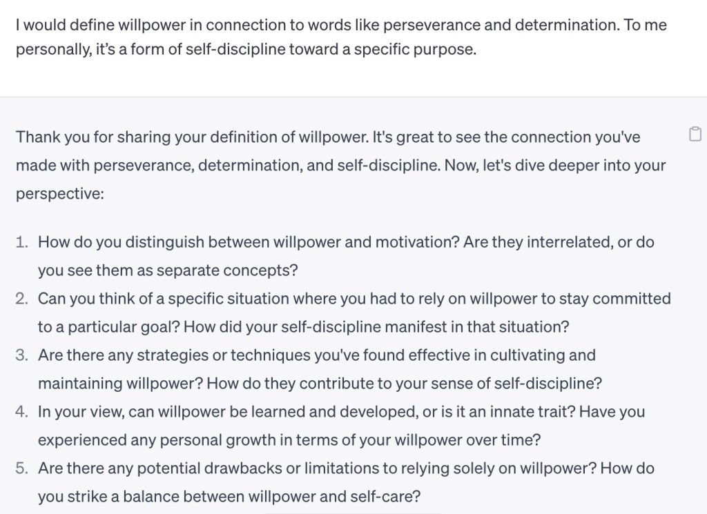 An example of a user collaborating with ChatGPT to think more deeply about “willpower.” A screen-readable Word version of the prompt and response is located in full text.