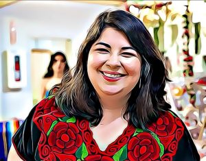 AI-enhanced cartoon-like image of the female author smiling in red and black shirt.