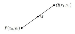 A line segment between points P and Q, with the midpoint of the line segment marked with an M.