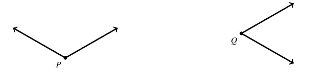 Two angles side by side. The first angle is made of two rays and a vertex of P. The second angle is two other rays and vertex Q.