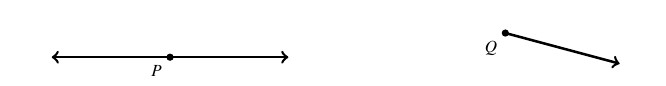 A straight angle with vertex P and a ray with no angle, with vertex Q.