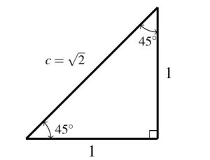 A right triangle with sides of 1 and hypotenuse of square root of 2. The two non-right angles are 45 degrees.