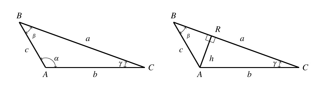 Two obtuse triangles side by side. The triangle has vertices A, B, and C. All three triangles have vertices A, B, and C starting in the lower left vertex and rotating clockwise from A. The side between vertices A and B is labeled c, the side between vertices B and C is labeled a, and the side between vertices A and C is labeled b. The angle at vertex A is labeled alpha, the angle at vertex B is labeled beta, and the angle at vertex C is labeled gamma. Angle alpha is the obtuse angle. There are no additions to the first triangle. The second triangle has a perpendicular line segment from vertex A to side BC and is labeled R.