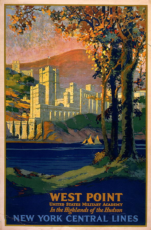 This poster shows trees and grass in the right foreground, and in the center shows water with white buildings of West Point rising up behind. Behind the buildings is a hill tinted red as if at sunset.