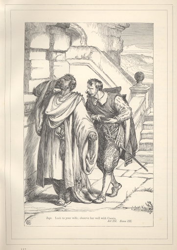In this engraved illustration from Act 3, Scene 3 of Shakespeare's Othello, two men stand near each other in front of a stone staircase. The man on the viewer's right (Othello) wears flowing robes and a sheathed dagger with a pommel at his waist. Othello holds his right hand over his eyes and forehead while a sinister-looking second man (Iago) with a furrowed brow and diabolical mustache hunches behind him. Iago wears a doublet with large sleeves and billowed pants cropped at the knees. A long rapier with a basket handle hangs openly at his front left side.