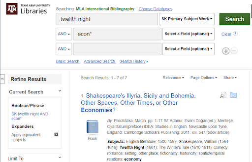 Screenshot of the MLA International Bibliography database. The top search box says twelfth night and has the SK Primary Subject Work option selected. The second box says econ* and has the Select a Field (optional) option selected.