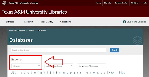This image is a screenshot of the Databases page on the TAMU Libraries website. It has a box around the Browse feature, with "Subjects" selected. It is intended to show readers where to click in order to browse the TAMU Libraries' database subject listing.