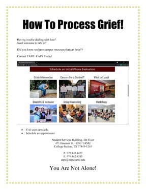 Student handout for how to process grief and using the same design principles for how to make a picture frame using a Word document